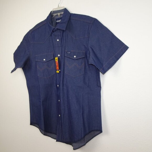Wrangler Denim Shirt Men's Size L Blue Short Sleeve Pearl Snap Cowboy Cut - Picture 4 of 10